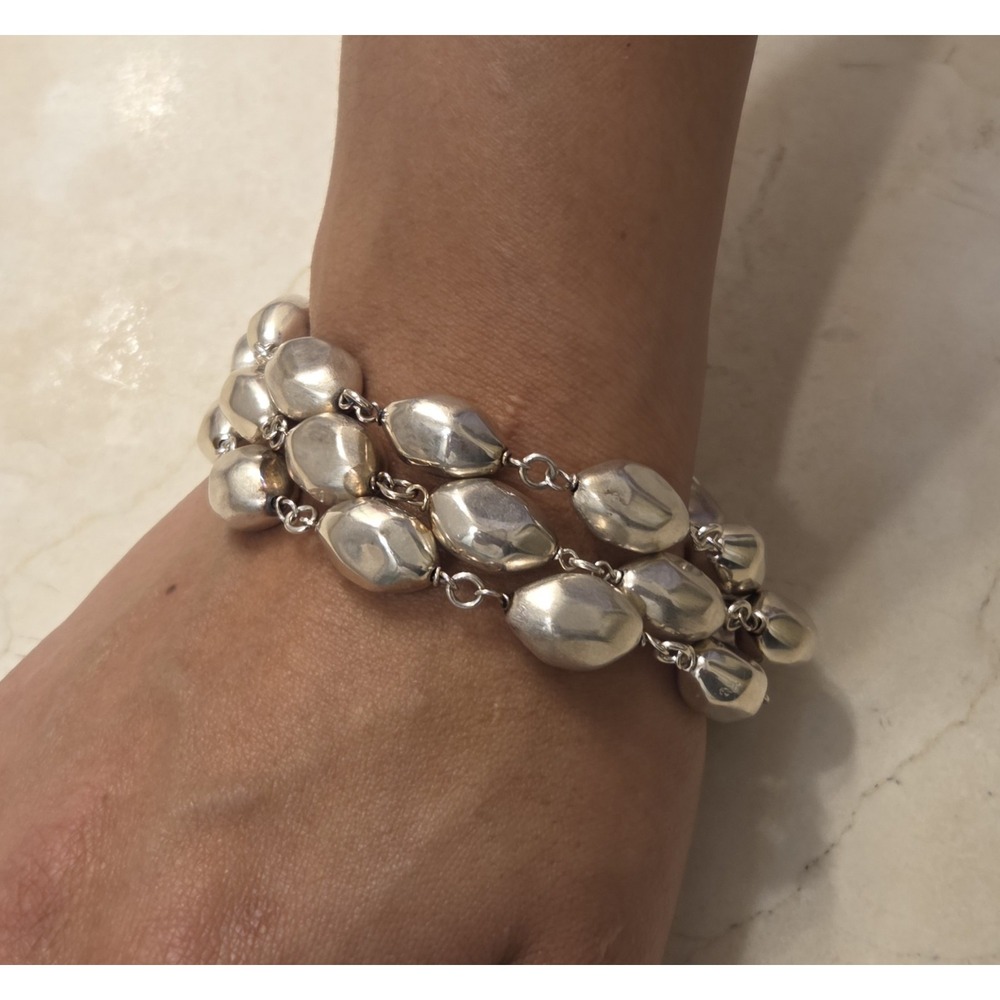 Chunky Sterling Triple Strand Hammered Bead Satin & Polished Magnetic Clasp 8.5" - Picture 2 of 7